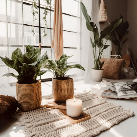 Boho styled room interior, green houseplants and natural home decorの素材