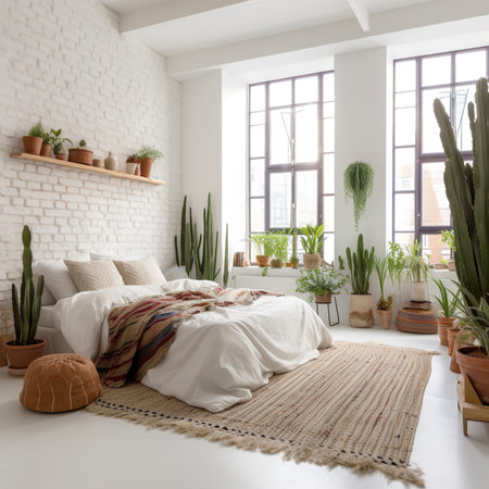 Boho styled bedroom interior, green houseplants and natural home decorの素材