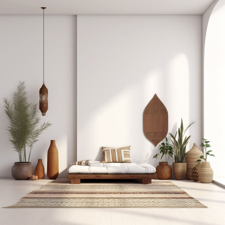 Boho styled room interior, green houseplants and natural home decorの素材