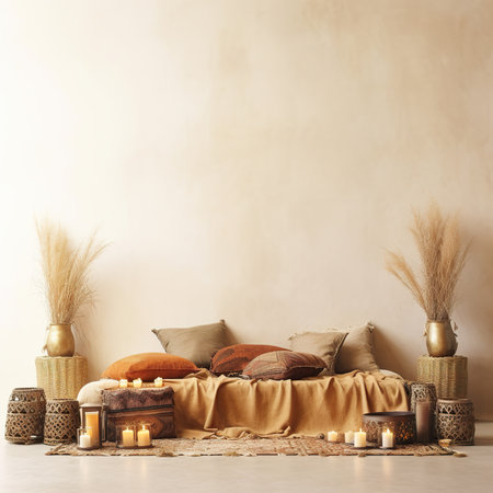 Boho styled room interior, green houseplants and natural home decor, empty wall mockupの素材