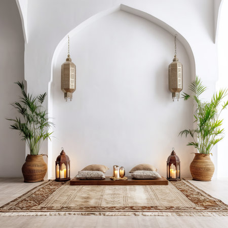 Boho styled room interior, green houseplants and natural home decor, empty wall mockupの素材