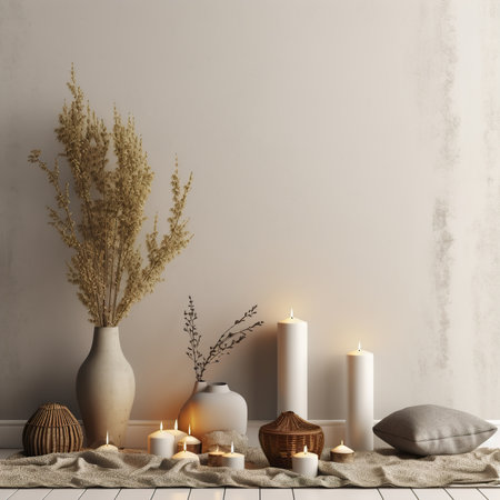 Boho styled room interior, green houseplants and natural home decor, empty wall mockupの素材