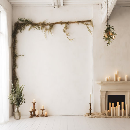 Boho styled room interior, green houseplants and natural home decor, empty wall mockupの素材
