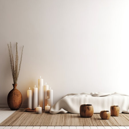 Boho styled room interior, green houseplants and natural home decor, empty wall mockupの素材