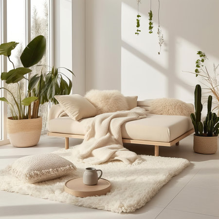 Contemporary home interior with sofa, folded blanket and pillows, detailed room decor, empty wall mockupの素材