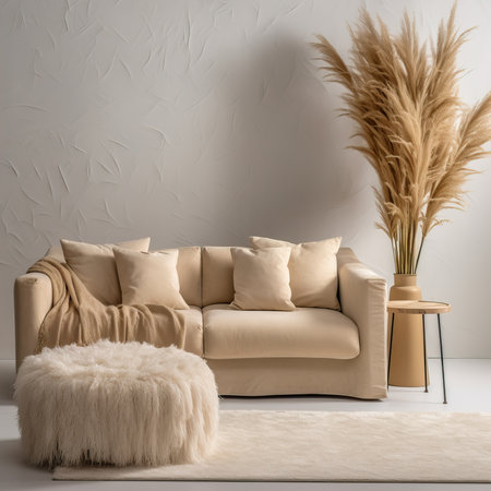 Contemporary home interior with sofa, folded blanket and pillows, detailed room decor, empty wall mockupの素材
