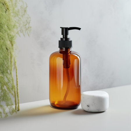 Liquid soap pump bottle in home bathroom interior, body wash and care cosmetic product packaging mockupの素材
