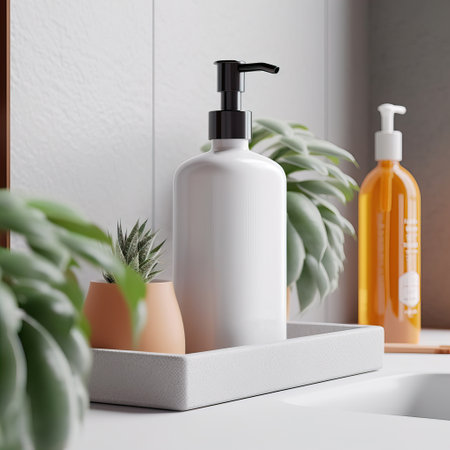Liquid soap pump bottle in home bathroom interior, body wash and care cosmetic product packaging mockupの素材