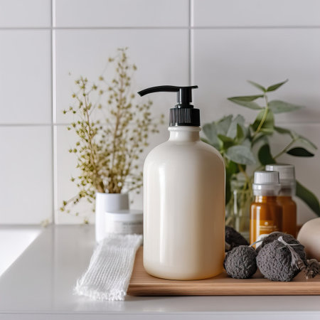 Liquid soap pump bottle in home bathroom interior, body wash and care cosmetic product packaging mockupの素材