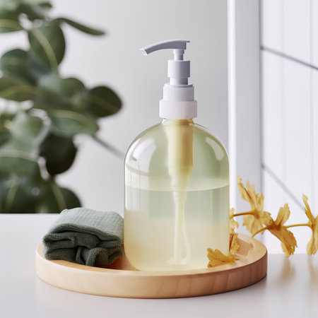 Liquid soap pump bottle in home bathroom interior, body wash and care cosmetic product packaging mockupの素材