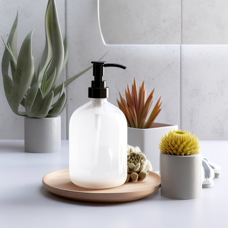 Liquid soap pump bottle in home bathroom interior, body wash and care cosmetic product packaging mockupの素材