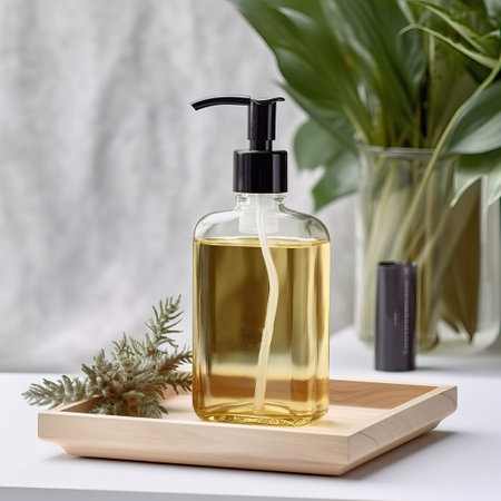 Liquid soap pump bottle in home bathroom interior, body wash and care cosmetic product packaging mockupの素材