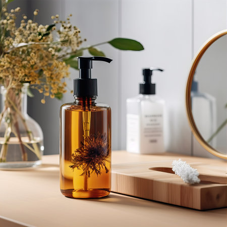 Liquid soap pump bottle in home bathroom interior, body wash and care cosmetic product packaging mockupの素材