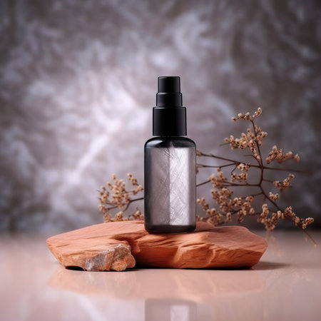 Cosmetic bottle mockup, plastic care product container styled with stone and wooden elements, studio commercial shotの素材