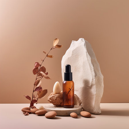 Cosmetic oil dropper bottle mockup, plastic care product container styled with stone and wooden elements, studio commercial shotの素材