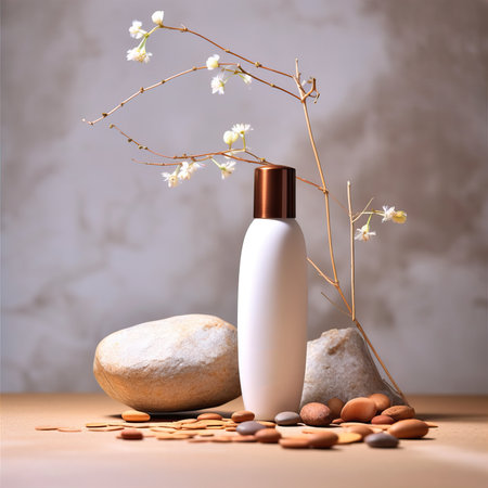 Cosmetic bottle mockup, plastic care product container styled with stone and wooden elements, studio commercial shotの素材