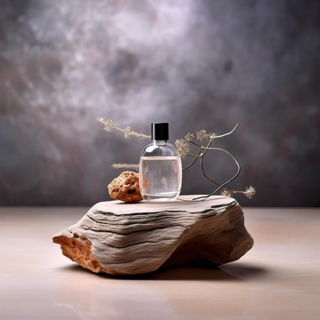 Cosmetic bottle mockup, plastic care product container styled with stone and wooden elements, studio commercial shotの素材