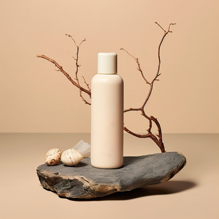Cosmetic shampoo bottle mockup, plastic care product container styled with stone and wooden elements, studio commercial shotの素材