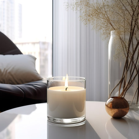 Clear glass candle jar mockup, burning container candle template in bright light room interior with home decor, styled mockupの素材