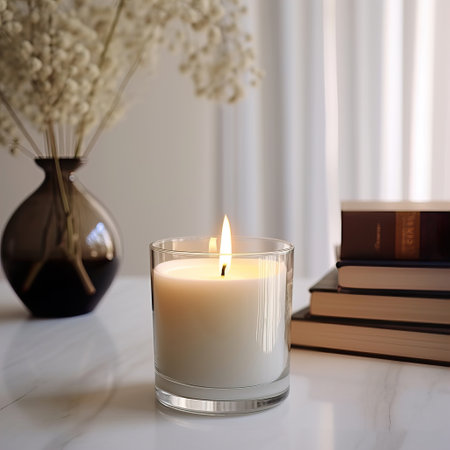 Clear glass candle jar mockup, burning container candle template in bright light room interior with home decor, styled mockupの素材