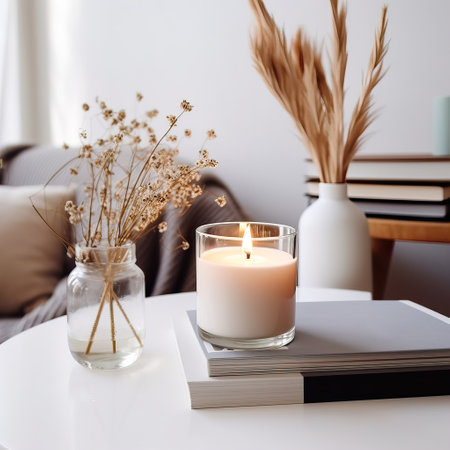 Clear glass candle jar mockup, burning container candle template in bright light room interior with home decor, styled mockupの素材