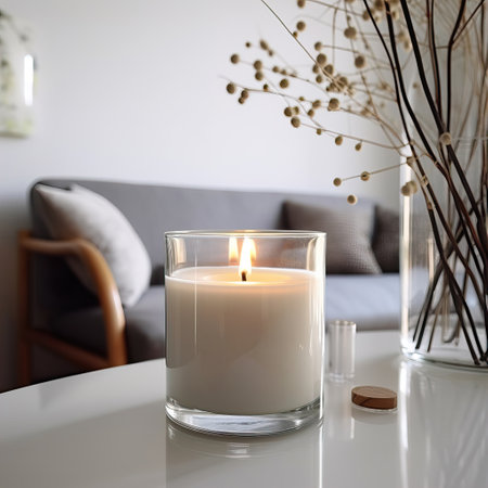 Clear glass candle jar mockup, burning container candle template in bright light room interior with home decor, styled mockupの素材