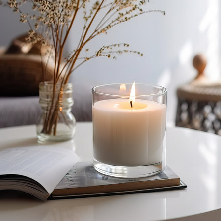 Clear glass candle jar mockup, burning container candle template in bright light room interior with home decor, styled mockupの素材