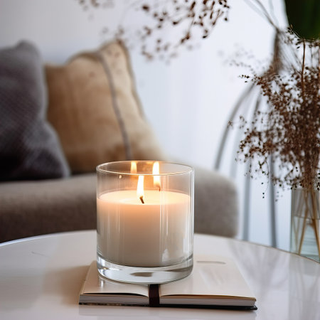 Clear glass candle jar mockup, burning container candle template in bright light room interior with home decor, styled mockupの素材