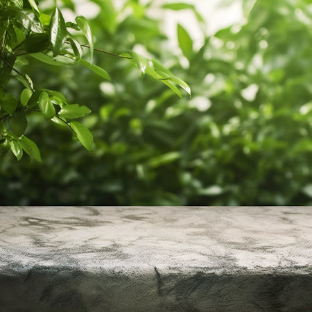 Empty table background with green leaves, botanical product placement backgroundの素材