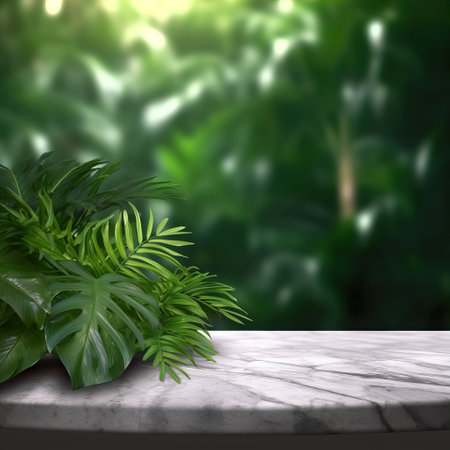 Empty table background with green leaves, botanical product placement backgroundの素材