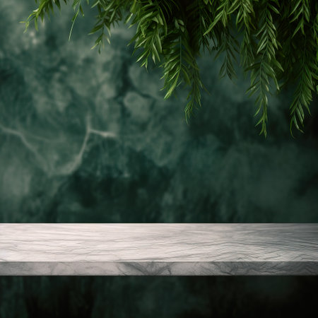 Empty table background with green leaves, botanical product placement backgroundの素材
