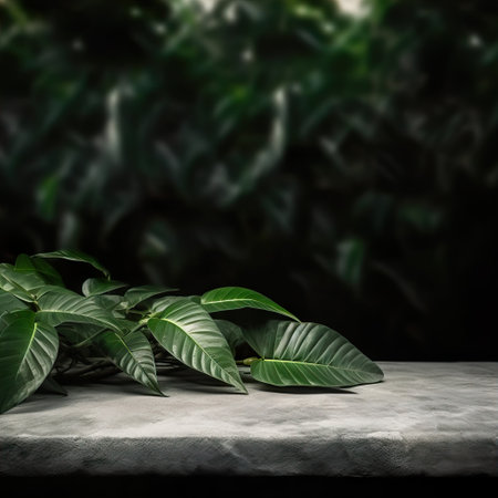 Empty table background with green leaves, botanical product placement backgroundの素材