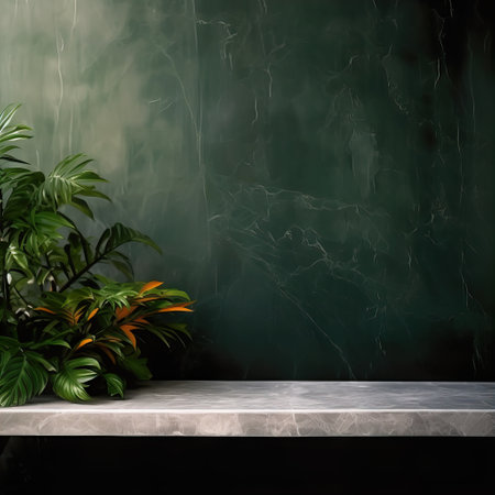 Empty table background with green leaves, botanical product placement backgroundの素材