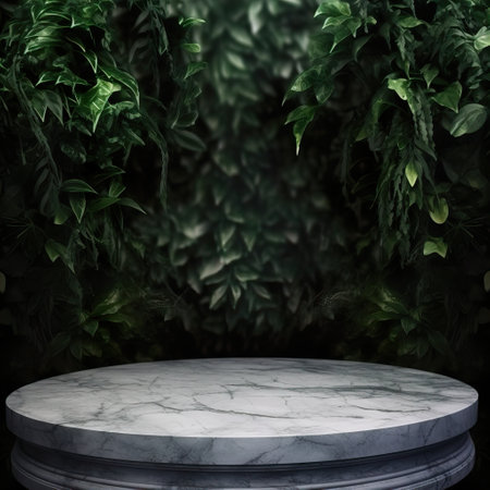 Round empty table background with green leaves, botanical product placement backgroundの素材