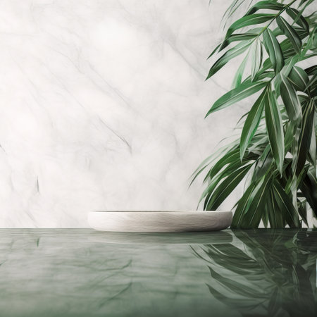 Empty table background with green leaves, botanical product placement backgroundの素材