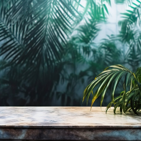 Empty table background with green leaves, botanical product placement backgroundの素材