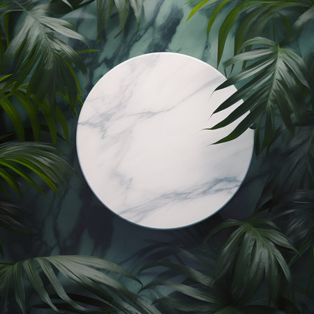 Round empty table background with green leaves, botanical product placement backgroundの素材