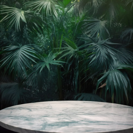 Empty table background with green leaves, botanical product placement backgroundの素材