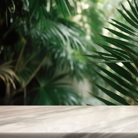 Empty table background with green leaves, botanical product placement backgroundの素材