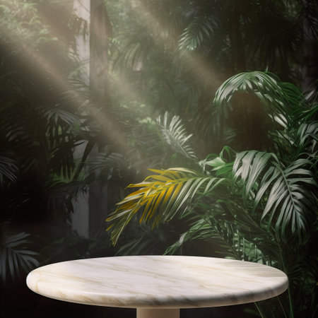 Round empty table background with green leaves, botanical product placement backgroundの素材