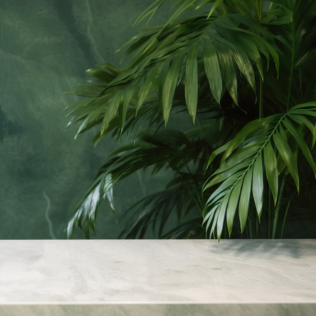 Empty table background with green leaves, botanical product placement backgroundの素材