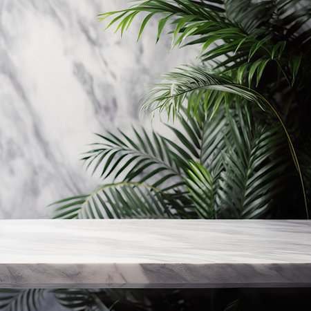 Empty table background with green leaves, botanical product placement backgroundの素材