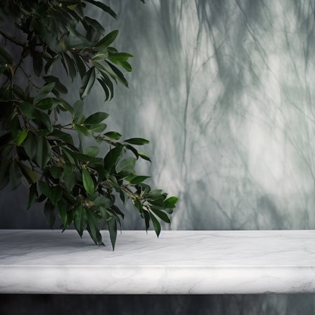 Empty table background with green leaves, botanical product placement backgroundの素材