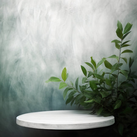 Round empty table background with green leaves, botanical product placement backgroundの素材
