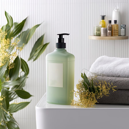 Shampoo bottle styled mockup, liquid soap pump bottle in home bathroom interior, body wash and care cosmetic product packaging mockupの素材