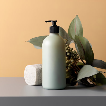 Shampoo bottle styled mockup, liquid soap pump bottle in home bathroom interior, body wash and care cosmetic product packaging mockupの素材