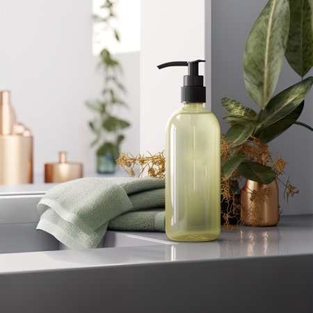 Shampoo bottle styled mockup, liquid soap pump bottle in home bathroom interior, body wash and care cosmetic product packaging mockupの素材