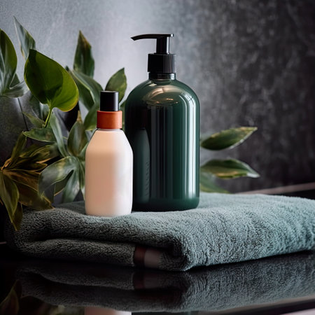 Shampoo bottle styled mockup, liquid soap pump bottle in home bathroom interior, body wash and care cosmetic product packaging mockupの素材