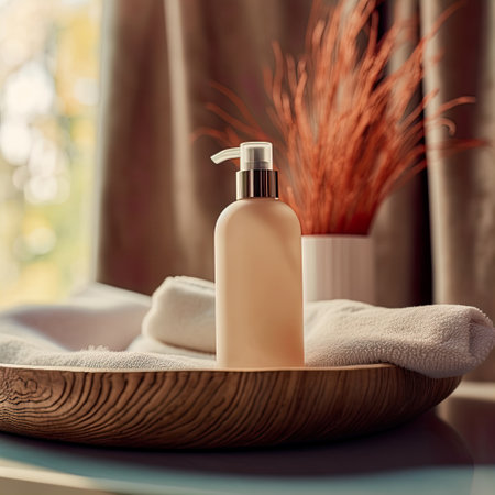 Shampoo bottle styled mockup, liquid soap pump bottle in home bathroom interior, body wash and care cosmetic product packaging mockupの素材