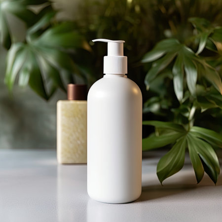 Shampoo bottle styled mockup, liquid soap pump bottle in home bathroom interior, body wash and care cosmetic product packaging mockupの素材